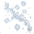 Water splash with ice cubes and water droplets isolated. Clipping path included. 3D illustration Royalty Free Stock Photo