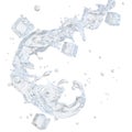 Water splash with ice cubes and water droplets isolated. Clipping path included. 3D illustration Royalty Free Stock Photo