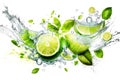 Water splash with lime and mint leaves on white background. Mojito drink swirl, wave or flow with realistic drops and splatters. Royalty Free Stock Photo