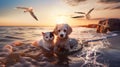 water splash ,seagull fly ,dog and cat play in sea water on beach at sunset Royalty Free Stock Photo