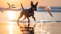 water splash ,seagull fly ,dog play in sea water on beach at sunset Royalty Free Stock Photo