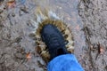 Water splash from shoes. Men's feet in hiking shoes steps into a puddle. Rain footwear for man or woman. Trekker boots for for