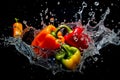 Water splash with sweet pepper on black background Royalty Free Stock Photo