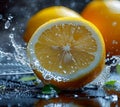 Water splash on white background with lemon slices. generative ai Royalty Free Stock Photo