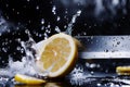 Water splash on white background with lemon slices. generative ai Royalty Free Stock Photo