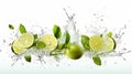 Water splash on white background with lime slices and mint leaves. Generative AI Royalty Free Stock Photo