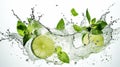 Water splash on white background with lime slices and mint leaves. Generative AI Royalty Free Stock Photo