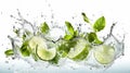 Water splash on white background with lime slices and mint leaves. Generative AI Royalty Free Stock Photo