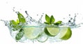 Water splash on white background with lime slices and mint leaves. Generative AI Royalty Free Stock Photo