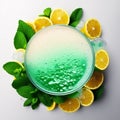 Water splash on white background with lime slices, mint leaves, and ice cubes as a concept for summertime libations. Gen