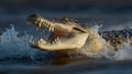 Water splashes around a crocodile as it lunges forward, revealing sharp teeth in its open mouth Royalty Free Stock Photo