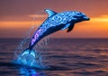 Water splashes around the dolphin as it arcs through the air, highlighting Royalty Free Stock Photo