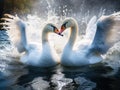 Two White Geese Fighting on a Blue Lake