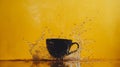 Water splashes from a black cup against a vibrant yellow background showcasing a dynamic moment. Generative AI Royalty Free Stock Photo