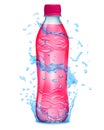 Water splashes in blue colors around a plastic bottle with pink Royalty Free Stock Photo