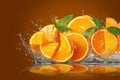 Water splashes on fresh orange slices, creating dynamic scene