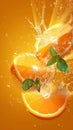 Water splashes on fresh orange slices, creating dynamic scene