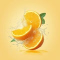 Water splashes on fresh orange slices, creating dynamic scene