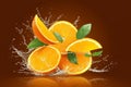 Water splashes on fresh orange slices, creating dynamic scene