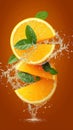 Water splashes on fresh orange slices, creating dynamic scene