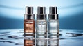 Water splashes three bottles of skin care toner essence. Neural network ai generated