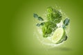 Water splashing on Bergamot fruit with leaf isolated on green background Royalty Free Stock Photo