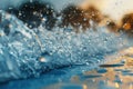 Water Splashing on a Blue Surface with a Golden Sunset in the Background Royalty Free Stock Photo