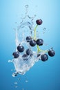 Water splashing on blueberry over blu background. Generative Ai Royalty Free Stock Photo