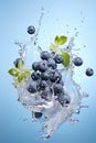 Water splashing on blueberry over blu background. Generative Ai Royalty Free Stock Photo