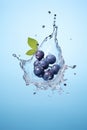 Water splashing on blueberry over blu background. Generative Ai Royalty Free Stock Photo