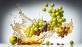 Water Splashing on Bunch of Delicious Fresh White Grapes on White Background AI Generative Royalty Free Stock Photo