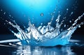 Water splashing in crown shape over aqua surface. Blue clean liquid Royalty Free Stock Photo