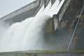 Water splashing from floodgate Khun Dan Prakarn Chon huge concrete dam