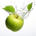 water splashing on fresh green apple by generative ai