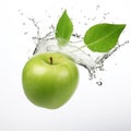water splashing on fresh green apple by generative ai