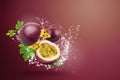 Water splashing on Fresh Passionfruit on red background