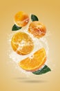 Water splashing on Fresh Sliced oranges and Orange fruit on a Orange background Royalty Free Stock Photo
