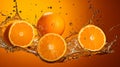 Water splashing on Fresh Sliced oranges and Orange fruit on Orange background Royalty Free Stock Photo