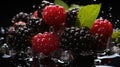 Water Splashing on Group of Delicious Fresh Blackberries Background Selective Focus