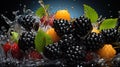 Water Splashing on Group of Delicious Fresh Blackberries Background Selective Focus