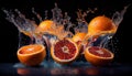 Water Splashing on Group of Delicious Fresh Blood Oranges Fruit on Black Background AI Generative Royalty Free Stock Photo