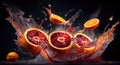 Water Splashing on Group of Delicious Fresh Blood Oranges Fruit on Black Background AI Generative Royalty Free Stock Photo