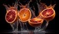 Water Splashing on Group of Delicious Fresh Blood Oranges Fruit on Black Background AI Generative Royalty Free Stock Photo