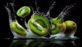 Water Splashing on Group of Delicious Fresh Yellow Green Kiwi Fruit on Black Background AI Generative Royalty Free Stock Photo