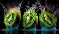 Water Splashing on Group of Delicious Fresh Yellow Green Kiwi Fruit on Black Background AI Generative Royalty Free Stock Photo