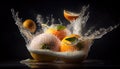 Water Splashing on Group of Delicious Fresh Yellow Tangerines on Blacks Background AI Generative