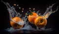 Water Splashing on Group of Delicious Fresh Yellow Tangerines on Blacks Background AI Generative