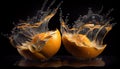 Water Splashing on Group of Delicious Fresh Yellow Tangerines on Blacks Background AI Generative