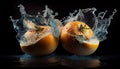 Water Splashing on Group of Delicious Fresh Yellow Tangerines on Blacks Background AI Generative