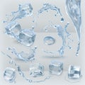 Water splashing and ice cube with transparency, 3d vector set Royalty Free Stock Photo